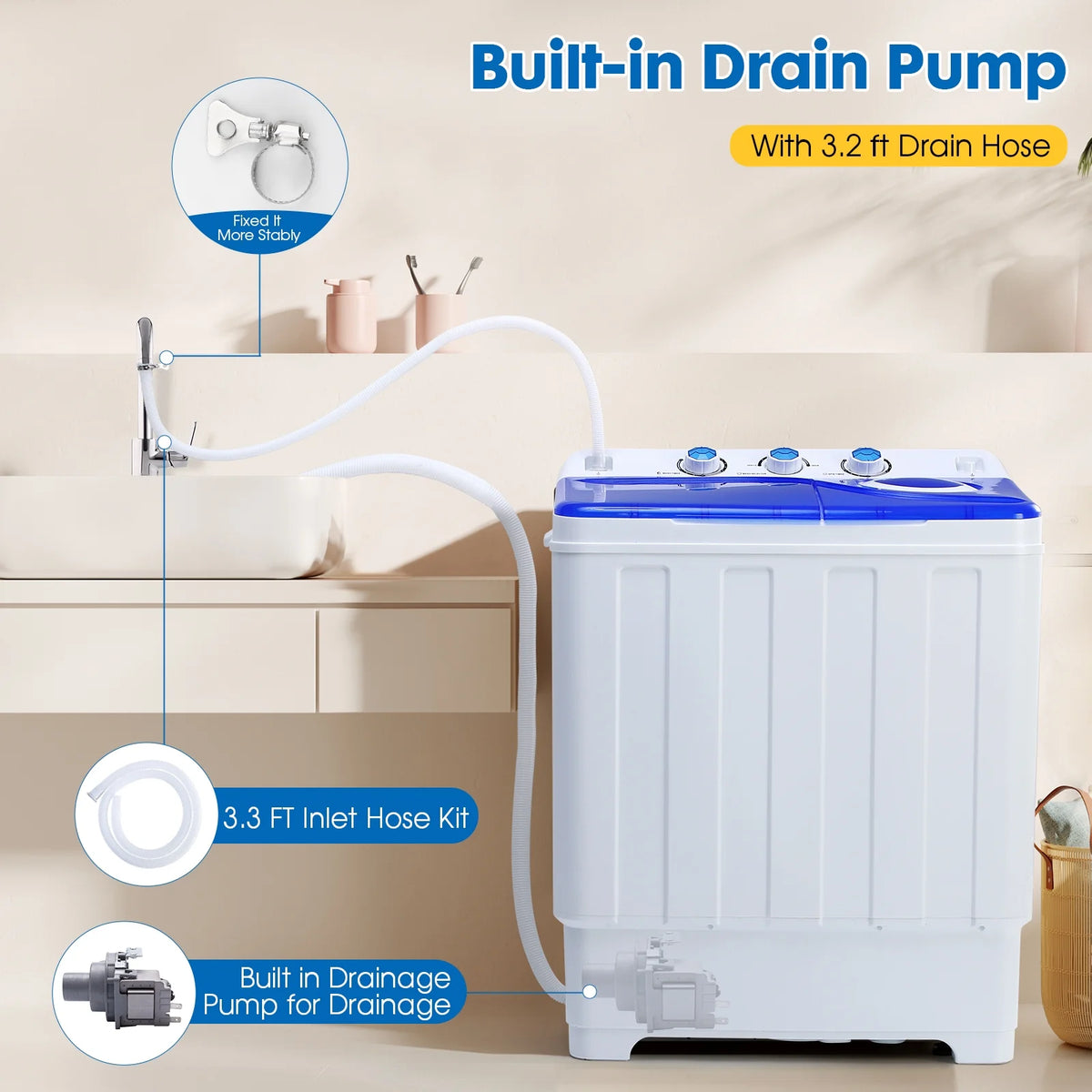 Artbros 28lbs Portable Twin Tub Washing Machine with Drain Pump, Compact Laundry Washer for Apartments, Dorms, Blue