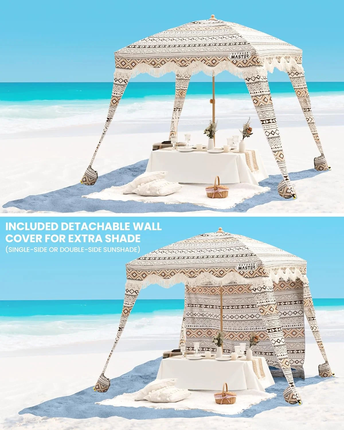 OutdoorMaster Beach Cabana with Fringe, Portable 6' x 6' Beach Canopy, Easy Set Up Beach Shelter, Included Side Wall, UPF 50+ UV Protection Sun Umbrella - for Kids, Family & Friends