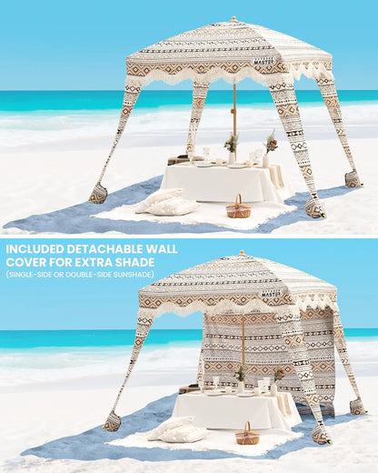 OutdoorMaster Beach Cabana with Fringe, Portable 6' x 6' Beach Canopy, Easy Set Up Beach Shelter, Included Side Wall, UPF 50+ UV Protection Sun Umbrella - for Kids, Family & Friends