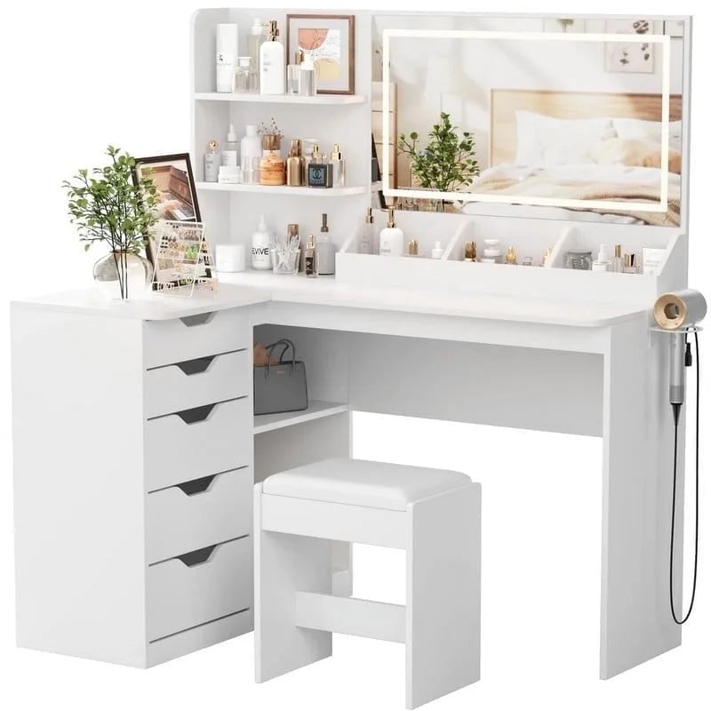 Furmax L Shaped Vanity Desk Set Corner Makeup Vanity Set with Adjustable LED Lighted Mirror & Power Outlets Dressing Table with Organizers, and Cushioned Stool, White