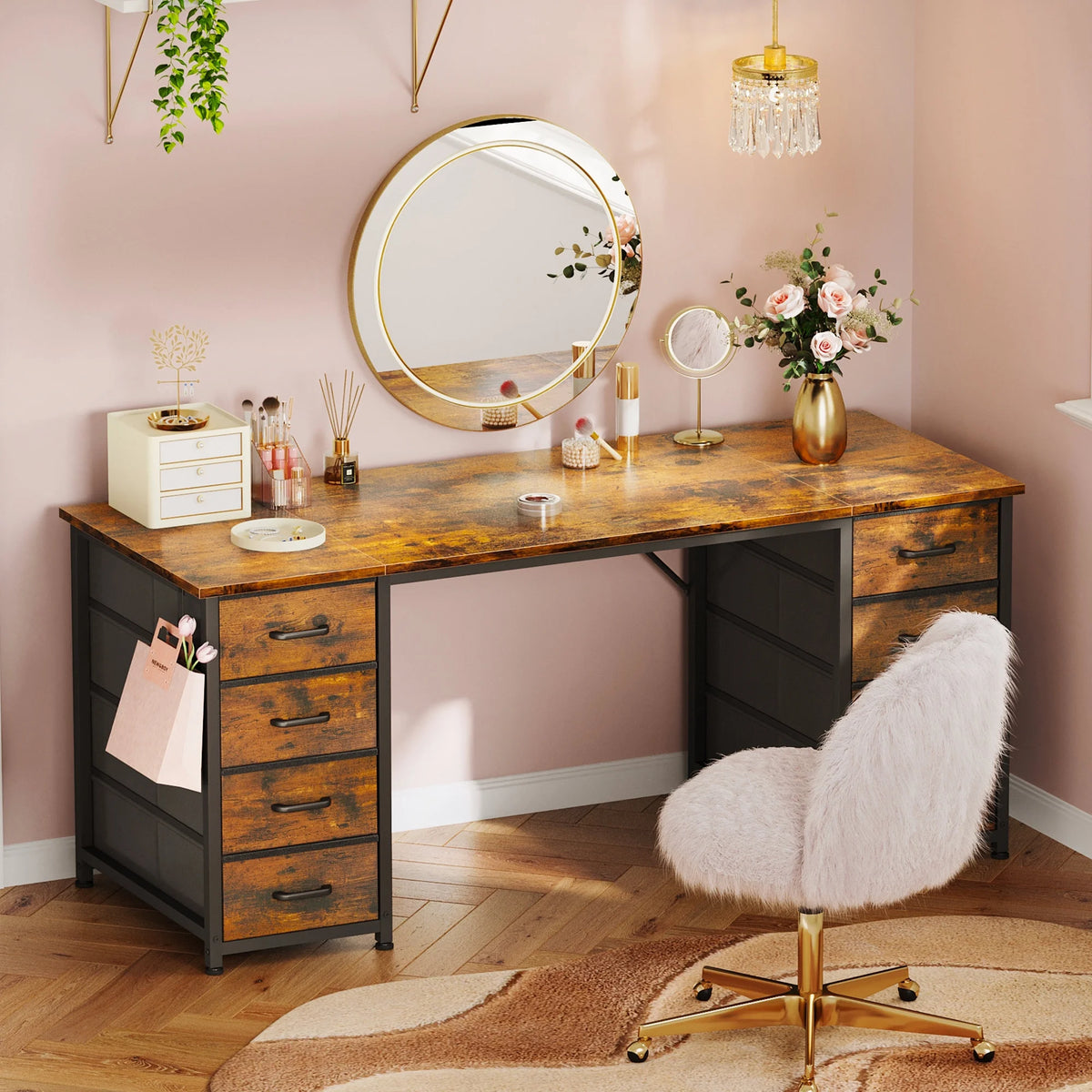 White Computer Desk with Drawers for Storage - 48 inch Home Office Desk with 8 Fabric Drawers, Writing Study Desk with Drawers on Both Sides for Bedroom