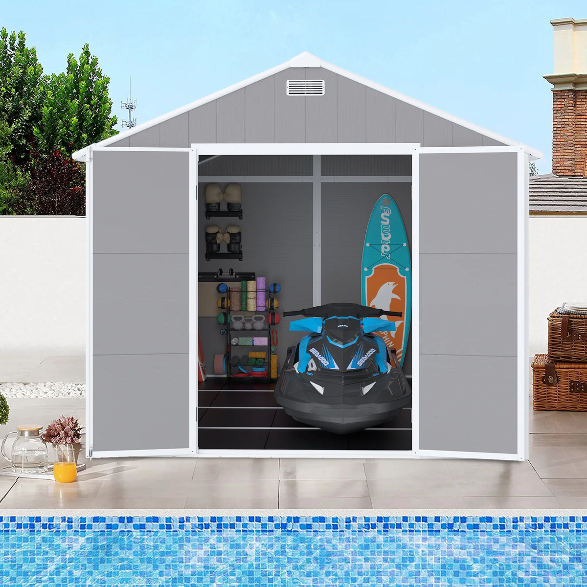 Outdoor Shed & Storage, Seizeen All-Weather Plastic Sheds 82'' H, Sloped Top Garden Shed with Window, Heavy-Duty Resin Outdoor Storage W/Floor, Gray
