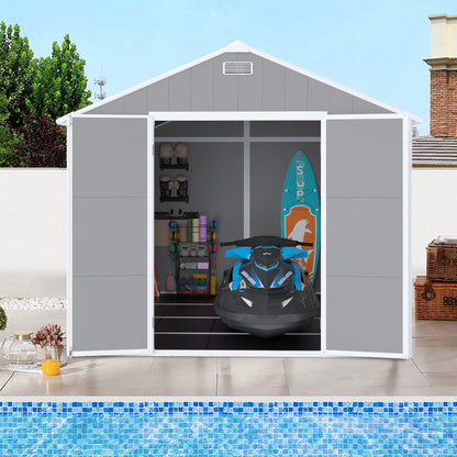 Outdoor Shed & Storage, Seizeen All-Weather Plastic Sheds 82'' H, Sloped Top Garden Shed with Window, Heavy-Duty Resin Outdoor Storage W/Floor, Gray
