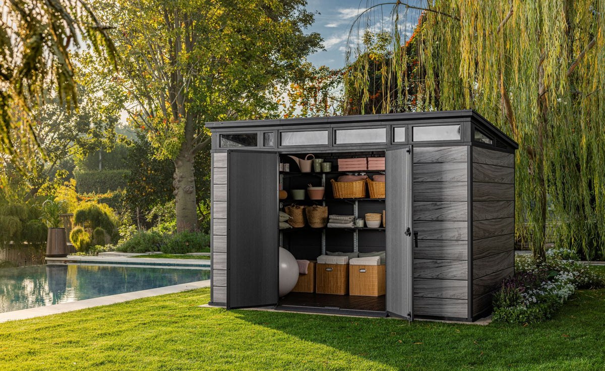 Keter Signature 11x7 ft. Durable Resin Outdoor Storage Shed With Heavy Duty Floor and Locking Door, Walnut