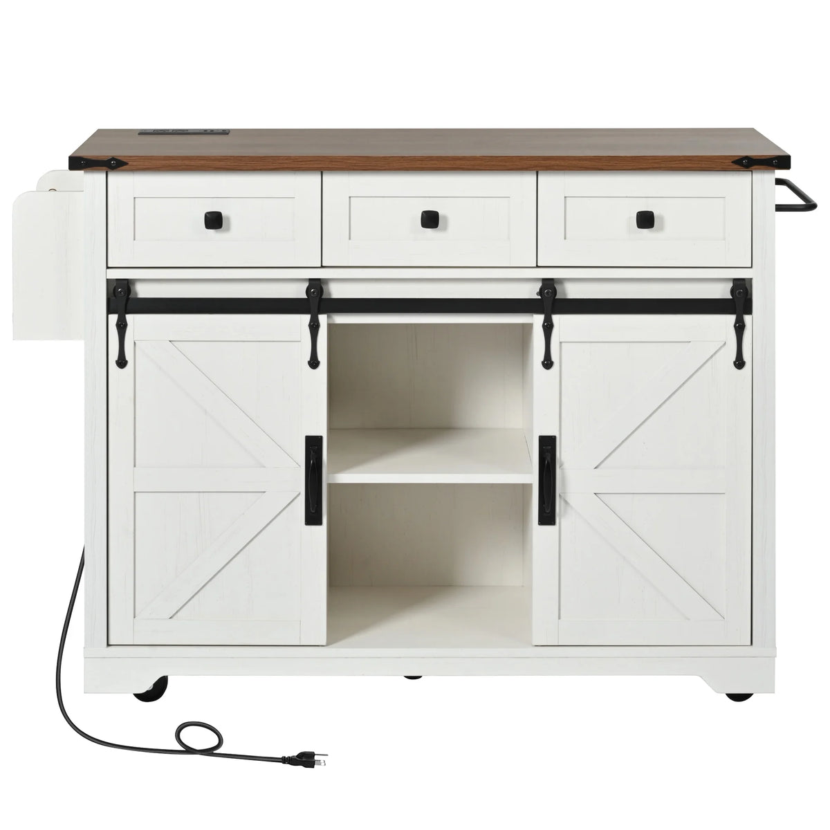 Homy Casa Farmhouse 53.7" Kitchen Island with Storage Cabinet, Sliding Barn Doors, and Wheels, White Oak