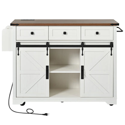Homy Casa Farmhouse 53.7" Kitchen Island with Storage Cabinet, Sliding Barn Doors, and Wheels, White Oak