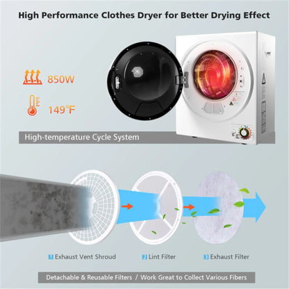 850W Compact Portable Clothes Dryer - 10 lbs Wet Capacity, 5.5 lbs Dry Load, Quiet Design (
