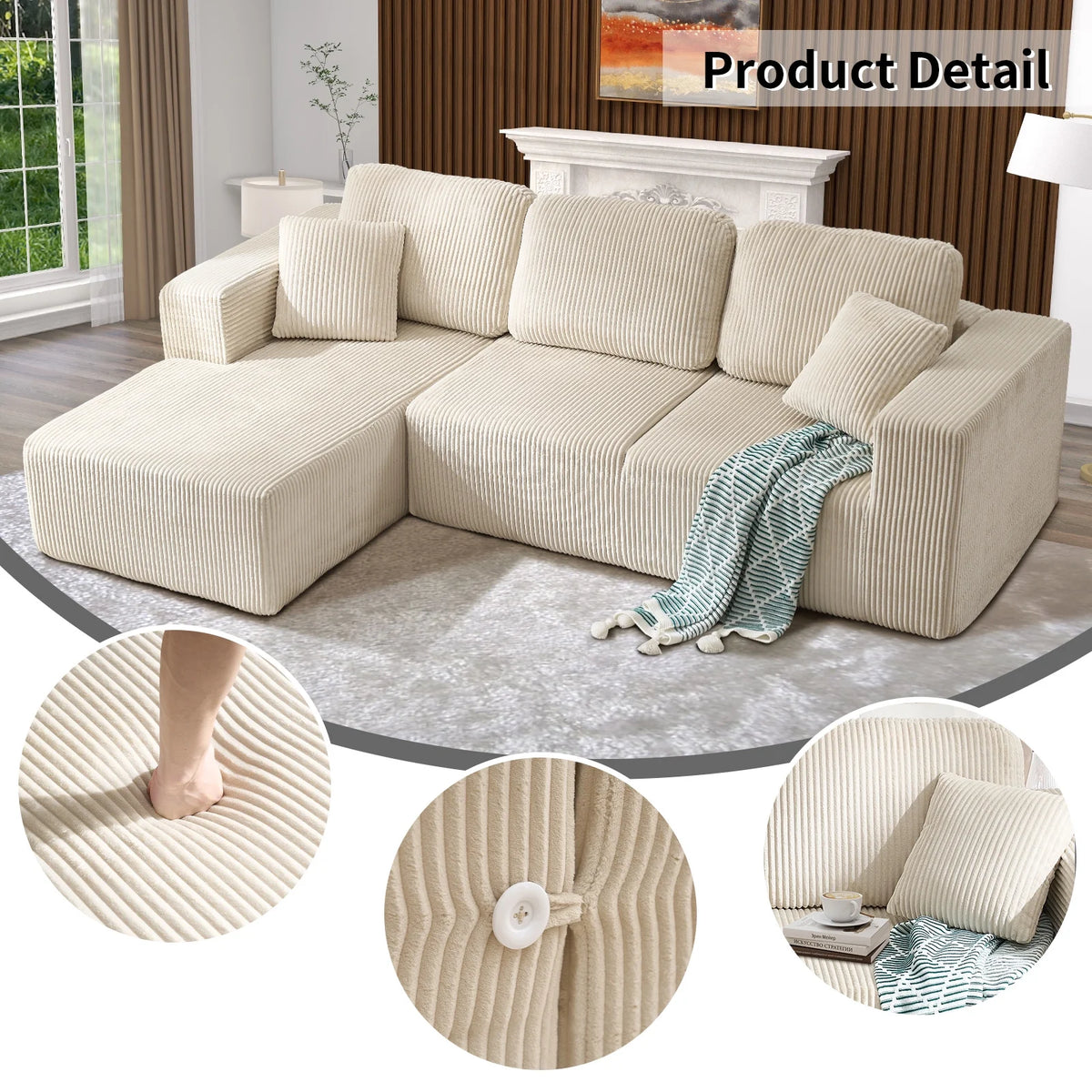 Bonzy Home Sectional Sofa with L-Shape Chaise,Modern Modular Sofa Upholstered Couch Corduroy Fabric for Living Room Bedroom Beige
