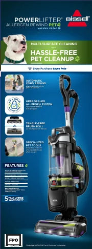 BISSELL Upright Vacuum, PowerLifter Allergen Pet Rewind, Pet Friendly , Bagless, HEPA filter, with Tangle Free Brush Roll, Swivel Steering and LED Headlights, 3404, Black