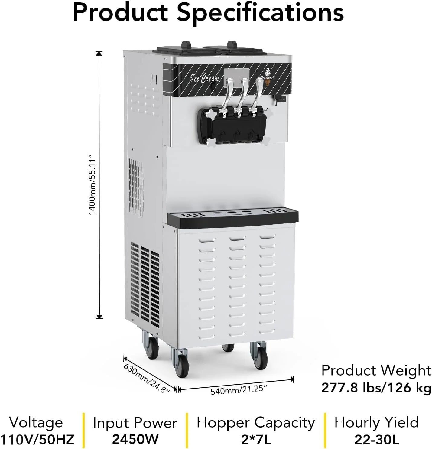 Garvee Commercial Ice Cream Machine 3-Flavor Floor Soft Serve Yogurt Maker 5.8-8Gal/H Yield With 2*7L Hoppers & 2*1.8L Cylinders