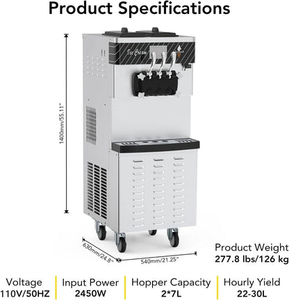 Garvee Commercial Ice Cream Machine 3-Flavor Floor Soft Serve Yogurt Maker 5.8-8Gal/H Yield With 2*7L Hoppers & 2*1.8L Cylinders
