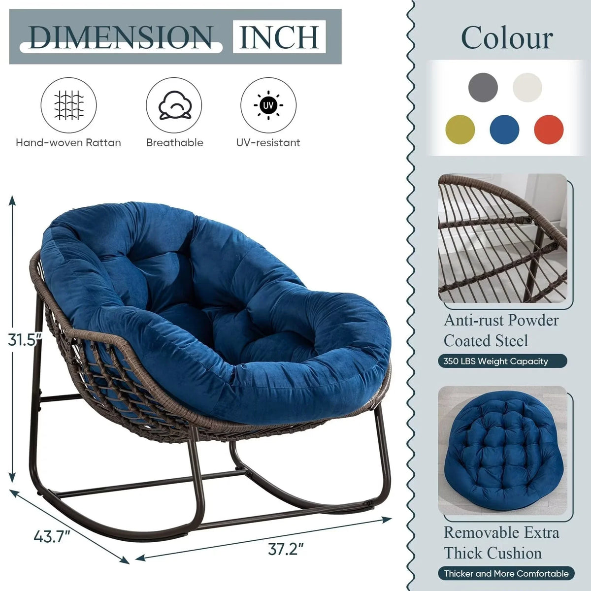 Outdoor Papasan Rocking Chair, Patio Oversized Wicker Egg Rocking Chair, Indoor & Outdoor Comfy Rocker Chair with Thick Cushion, Modern Lounge Chair for Front Porch, Garden, Backyard, Grey