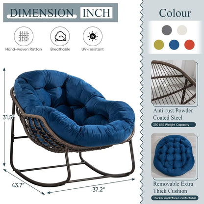 Outdoor Papasan Rocking Chair, Patio Oversized Wicker Egg Rocking Chair, Indoor & Outdoor Comfy Rocker Chair with Thick Cushion, Modern Lounge Chair for Front Porch, Garden, Backyard, Grey