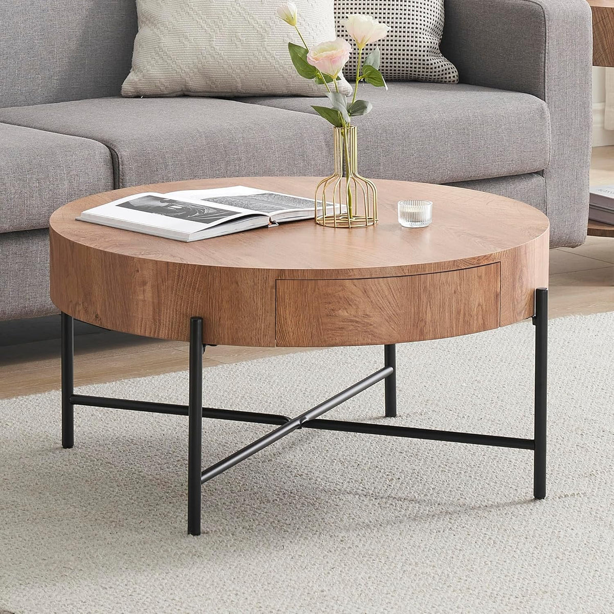 Round Coffee Table with Drawers Circle Living Room Table Wood Accent Coffee Table with Storage White Center Table (Natural)