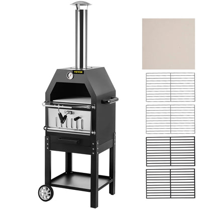 VEVOR Outdoor Pizza Oven, 12" Wood Fire Oven, 2-Layer Pizza Oven Wood Fired, Wood Burning Outdoor Pizza Oven with 2 Removable Wheels, Wood Fired Pizza Maker Ovens