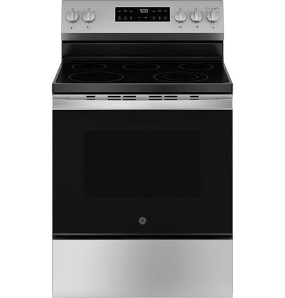 GE? 30" 5.0 Cu. ft. 240 Volts Free-Standing Electric Range with Crisp Mode in Stainless Steel