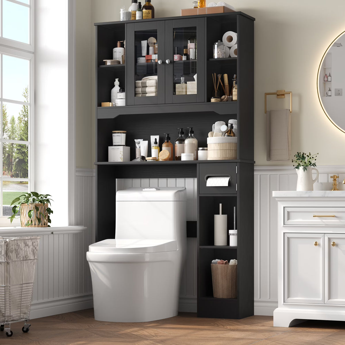 Homfa Over The Toilet Storage Cabinet with Toilet Paper Holder Stand, Above Toilet Organizer with Glass Doors, Behind Toilet Shelf for Restroom, Bathroom, Laundry, White