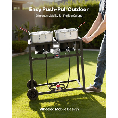 KFFKFF Outdoor Propane Deep Fryer, Dual-Tank 18QT x 2 Commercial Fryer, Portable Frying Cart with Wheels, 3 Baskets, 2 Thermometers, Stainless Steel Cooker for Fish, Wings, and Fries, 40,000 BTU