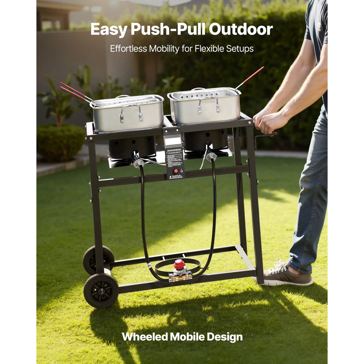 KFFKFF Outdoor Propane Deep Fryer, Dual-Tank 18QT x 2 Commercial Fryer, Portable Frying Cart with Wheels, 3 Baskets, 2 Thermometers, Stainless Steel Cooker for Fish, Wings, and Fries, 40,000 BTU