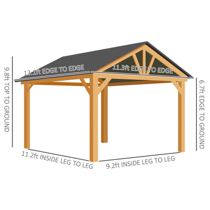Outsunny 11x13 Hardtop Gazebo with Wooden Frame, Permanent Metal Roof Gazebo Canopy with Ceiling Hook for Garden, Patio, Backyard