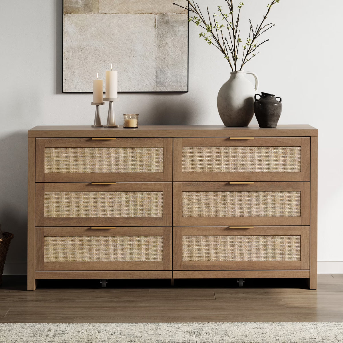 SICOTAS 56.85" 6 Drawer Dresser,Rattan Dresser with Storage,Boho Dressers & Chests of Drawers Wooden Tall  Dresser for Bedroom