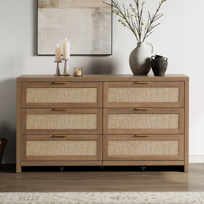 SICOTAS 56.85" 6 Drawer Dresser,Rattan Dresser with Storage,Boho Dressers & Chests of Drawers Wooden Tall  Dresser for Bedroom
