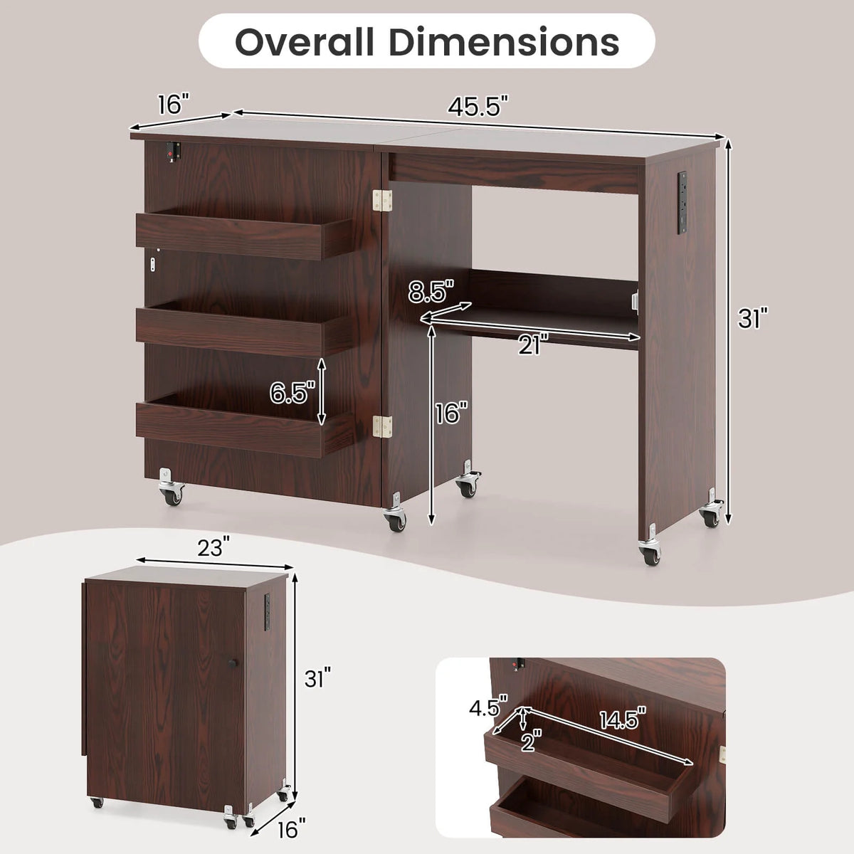 Costway Folding Sewing Table Rolling Craft Station with 3 Storage Bins & Charging Station White+natural