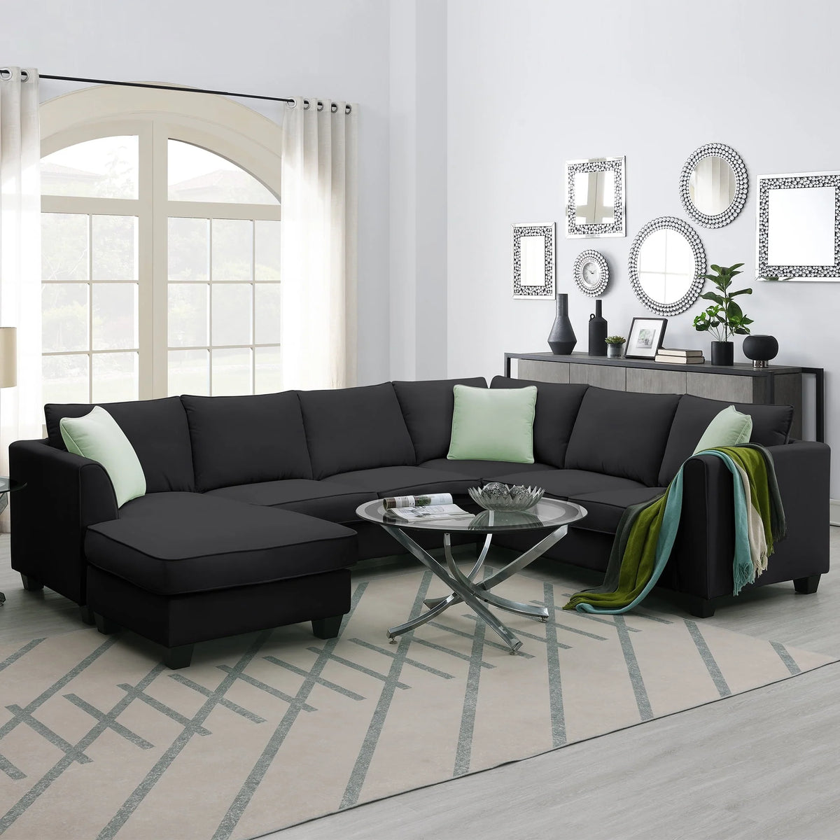 L-Shaped Modular Sectional Couch, KAMIDA 7-Seater Sectional Couch with Ottoman and 3 Pillows, Modern L-Shaped Fabric Upholstered Couch Furniture, Heavy Duty Sectional Couch for Living Room, Black