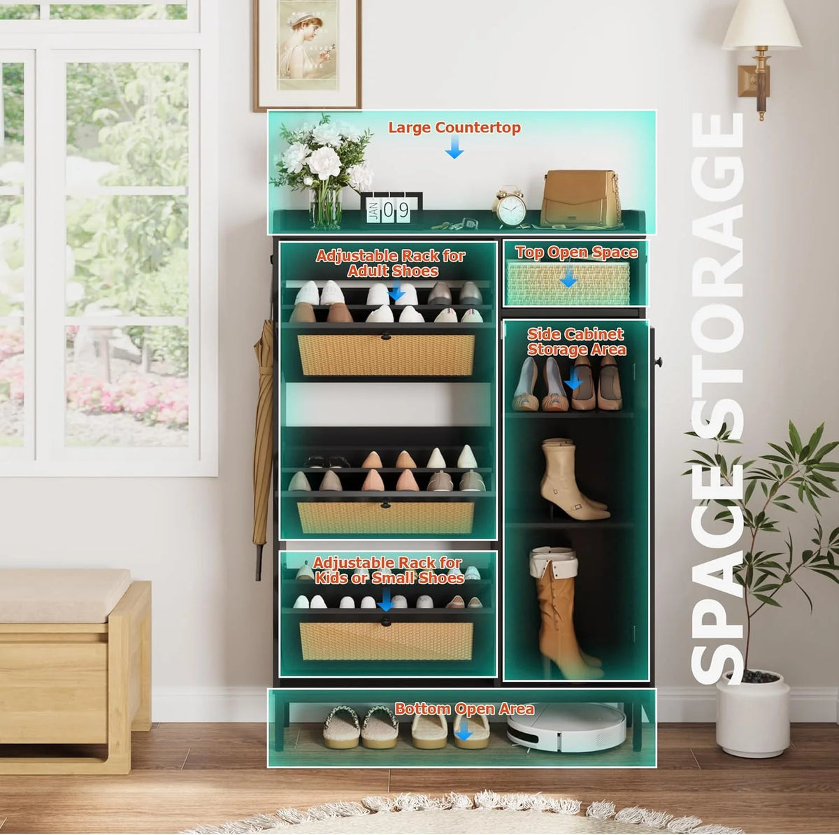 Garvee Rattan Shoe Storage Cabinet with Doors and 3 Flip Drawers, Freestanding Organizer with Adjustable Shelves for Entryway, Narrow Shoe Rack Cabinet for Hallway, Easy Assembly, Oak Color