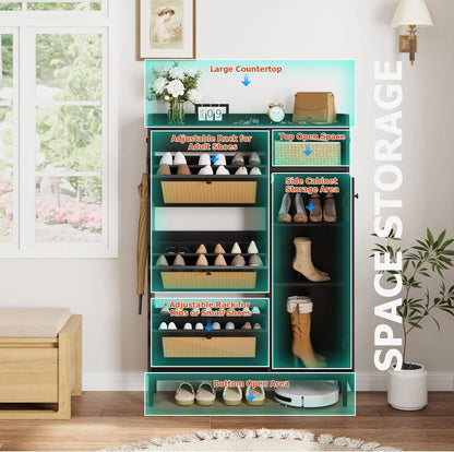 Garvee Rattan Shoe Storage Cabinet with Doors and 3 Flip Drawers, Freestanding Organizer with Adjustable Shelves for Entryway, Narrow Shoe Rack Cabinet for Hallway, Easy Assembly, Oak Color