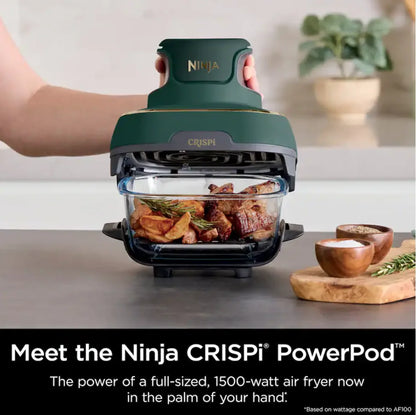 Ninja Crispi 5-in-1 Portable Glass Air Fryer Cooking System FN103BF, British Racing Green with Soft Gold Trim, 1500W, New