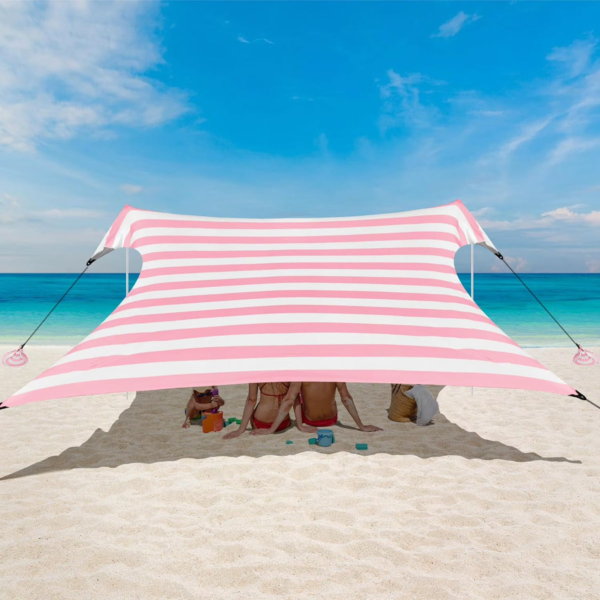 Beach Tent, UPF 50+ Beach Canopy Sun Shade, Portable 10×10 FT Large Pop-Up Beach Tent Sun Shelter with Sand Anchors, Ground Pegs, Easy Setup for Beach, Camping, Park, and Backyard Fun