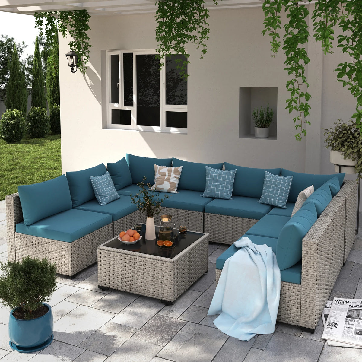 7 Pieces Patio Conversation Set, Outdoor Sectional PE Rattan Wicker Furniture Seat,Dark Gray