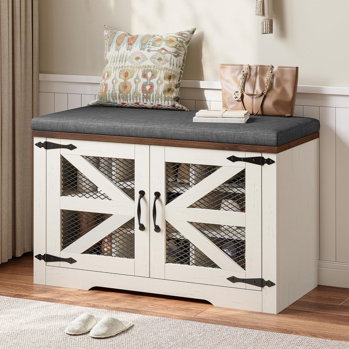 Farmhouse Storage Bench with Cushion, 31.4in Shoe Cabinet with Metal Barn Door and Half Hidden Storage Space for Entryway, Bedroom, Living Room, Old White