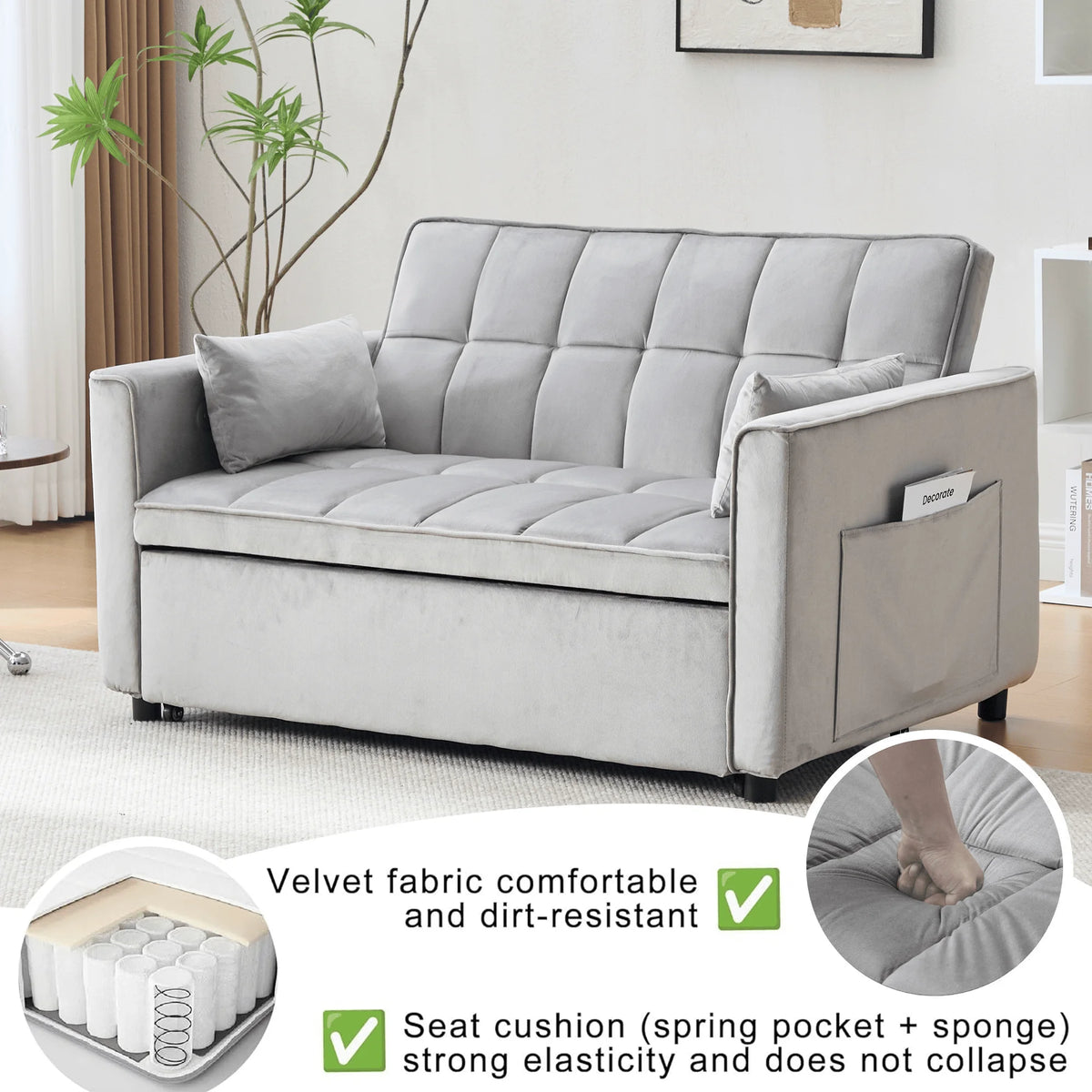 Velvet 3-in-1 Convertible Sofa Bed �C USB Charging, Adjustable Backrest Pull-Out Couch Loveseat Sleeper for Living Room, Apartment & Small Space,Black