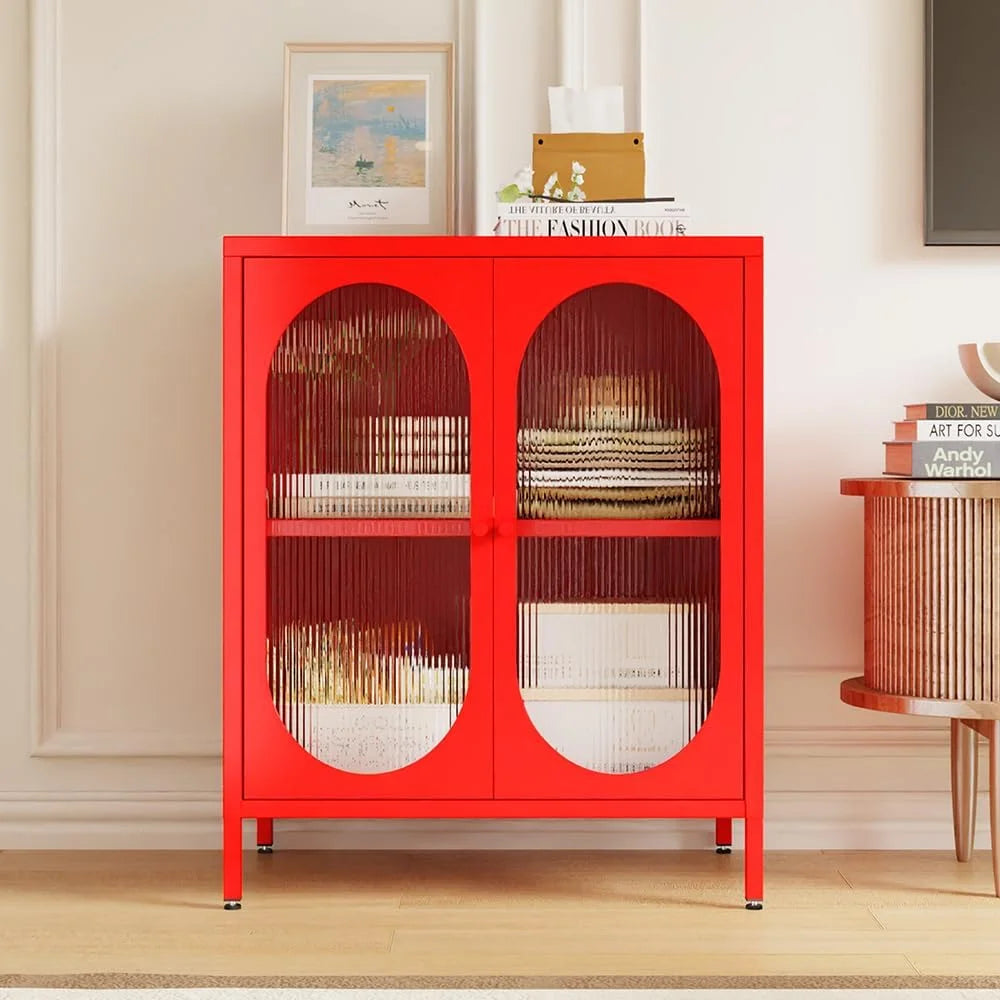Small 2 Transparent Door Metal Storage Side Buffet Cabinet for Bed Room,Living Room,Entryway,Hallway,Home,Hotel,Office,Garage,Kitchen,1 Removable Shelf.