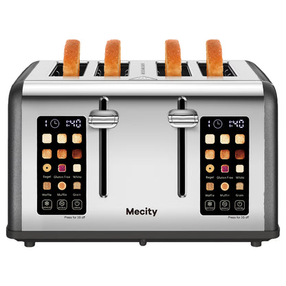 Mecity 4-Slice Touchscreen Toaster, Stainless Steel, 6 Browning Settings, Reheat, Cancel, Defrost, Removable Tray