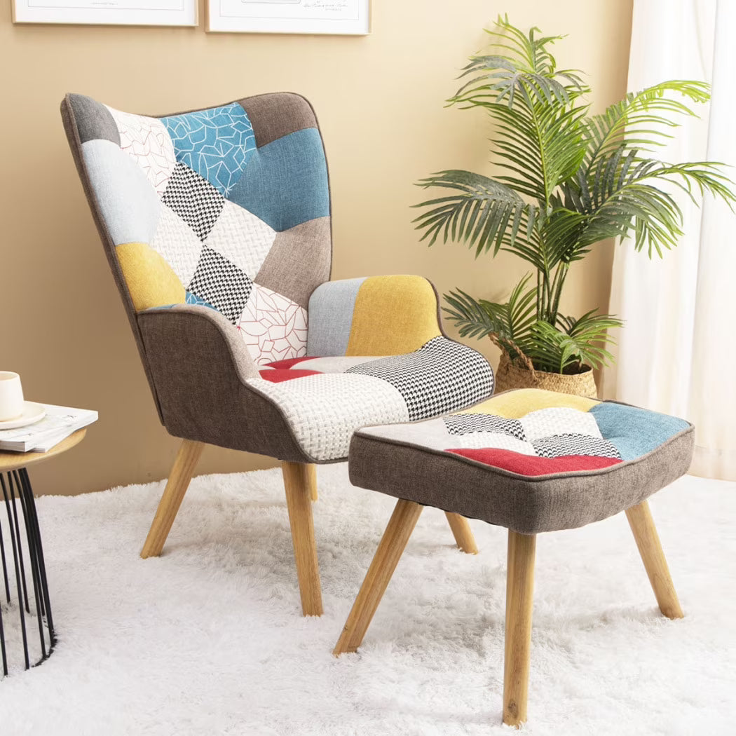 Modern Accent Chair with Solid Wood Legs and High Wing Backrest, Side Chair Set with Ottoman, Comfy Side Armchair for Living Room, Reading Room, Bedroom, Colorful Patchwork