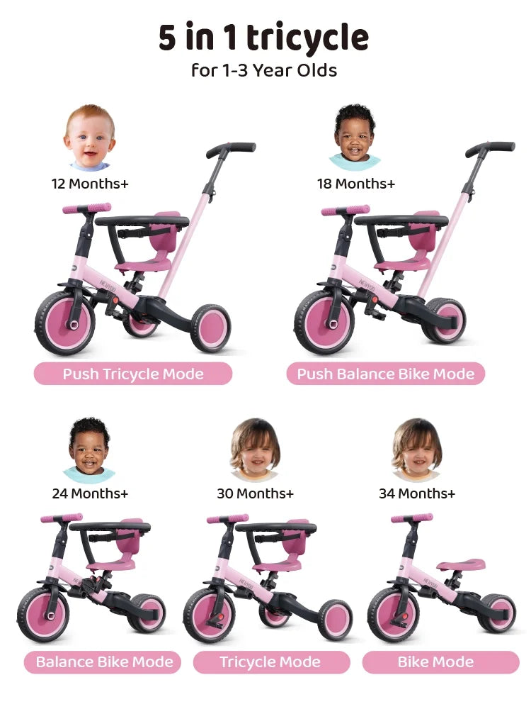newyoo TR008 5-in-1 Toddler Tricycle with Push Handle, Converts to Balance Bike for 1-3 Year Old, Khaki