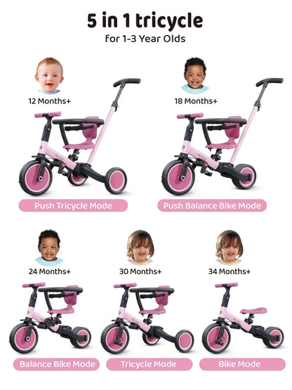 newyoo TR008 5-in-1 Toddler Tricycle with Push Handle, Converts to Balance Bike for 1-3 Year Old, Khaki