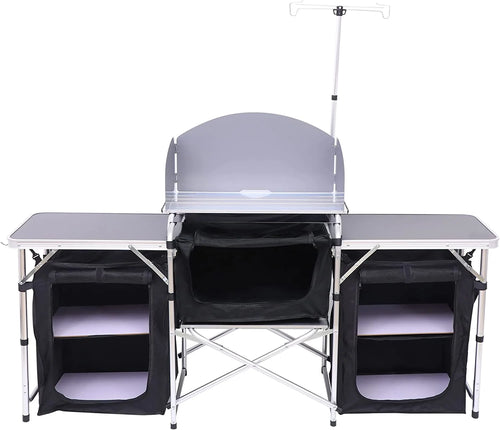 C Camping Kitchen Table, Folding Table, Upgrade Light Stand and Windshield Cooking Station & 3 Organizers, Carry Bag for Outdoor, Beach, BBQ, Picnic, Cooking, Indoor, Office