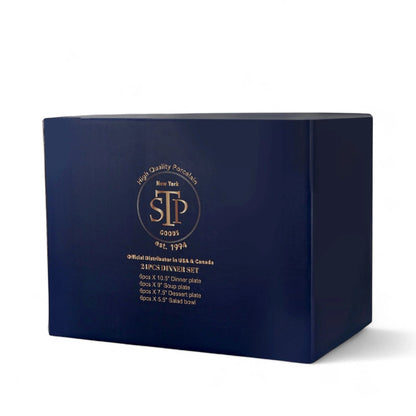 STP GOODS Melodie de Fleurs Bone China Dinnerware Set of 24 Service for 6 24-Piece Dish Set of Plates and Bowls, Blue Gold White