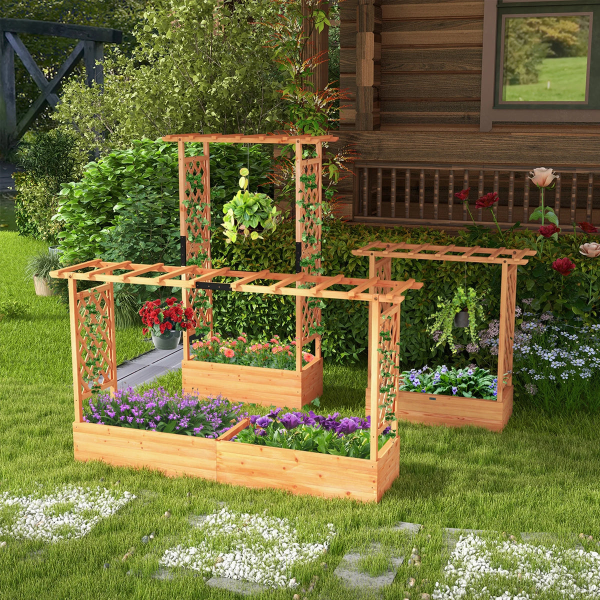 Costway 1 PCS Raised Garden Bed with Trellis Hanging Roof Planter Box Drainage Holes for Patio