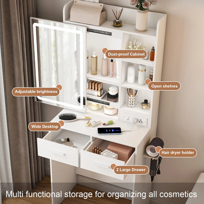 Makeup Vanity Desk with Mirror & Adjustable LED Lights,Hidden Storage