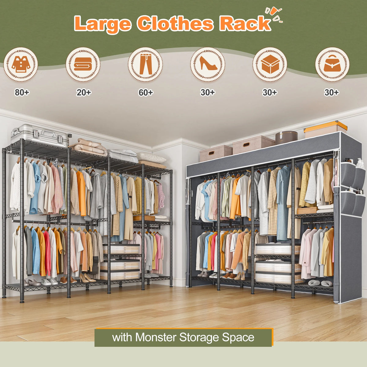 EnHomee 76"W Clothes Rack with Cover,1100LBS Heavy Duty Wardrobe Closet Organizer,Adjustable Portable Closet��Black