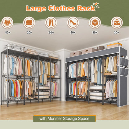 EnHomee 76"W Clothes Rack with Cover,1100LBS Heavy Duty Wardrobe Closet Organizer,Adjustable Portable Closet��Black