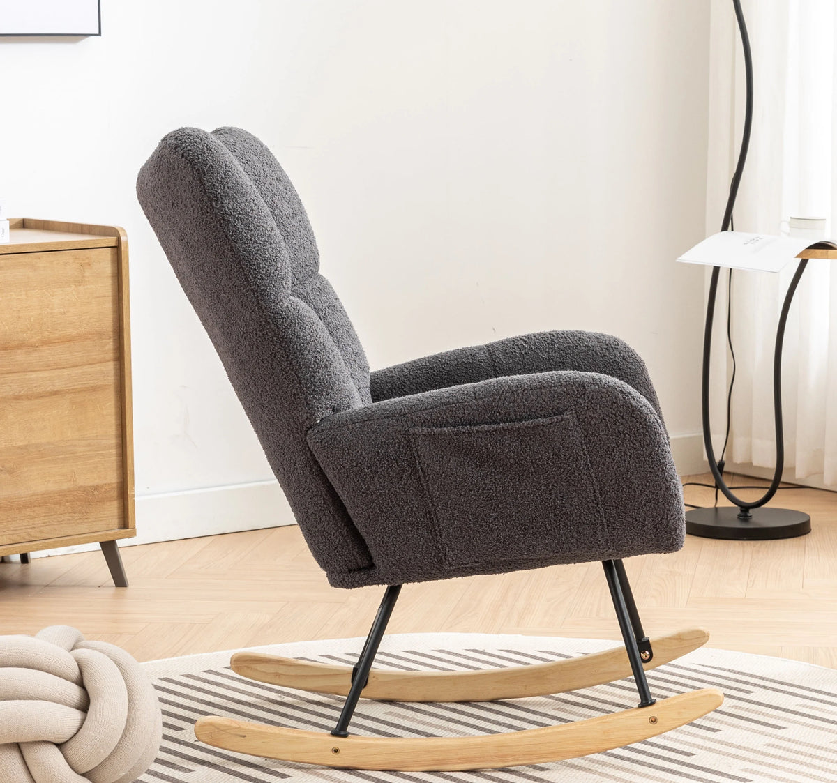 Rocking Chair Nursery,Teddy Upholstered Glider Rocker with High Backrest,Modern Rocking Accent Chairs Glider Recliner for Living Room, Nursery, Bedroom,White