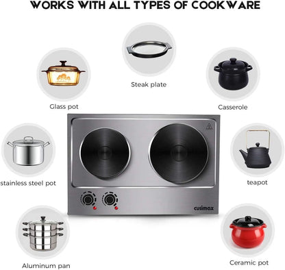 CUSIMAX 1800W Portable Double Burner Hot Plate �?Stainless Steel Countertop Electric Cooktop with Dual Cast Iron Heating Plates, Easy-to-Clean Silver Design, Upgraded Version