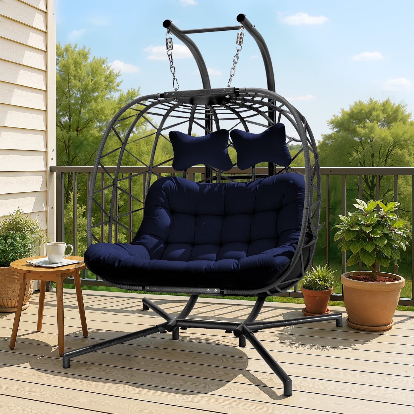 RADIATA Double Wicker Egg Swing Chair with Stand, 2-Person Hanging Egg Chair for Indoor/Outdoor, 700lbs Capacity, Thick Cushions & Headrest,Sturdy Metal Frame��Dark Gray