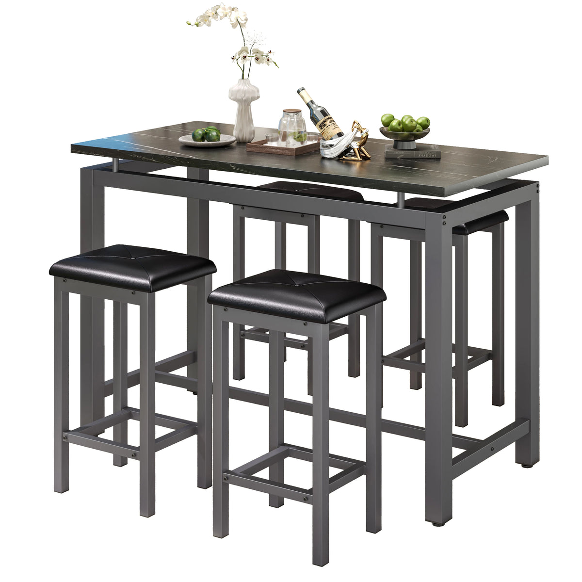 Counter Height Table Set of 5, Breakfast Bar Table and Stool Set, Minimalist Dining Table with Backless Stools, Wood Top Pub Table & Chair Set for Kitchen Apartment Bistro - Space Saving